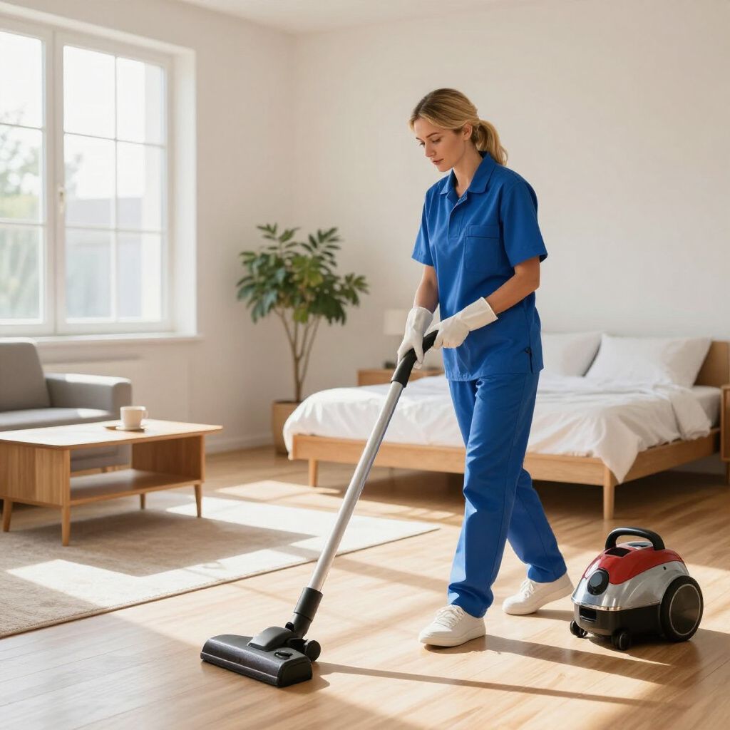Woman in blue scrubs vacuums a light-floored bedroom with a vacuum cleaner. Sunlight streams through the window.