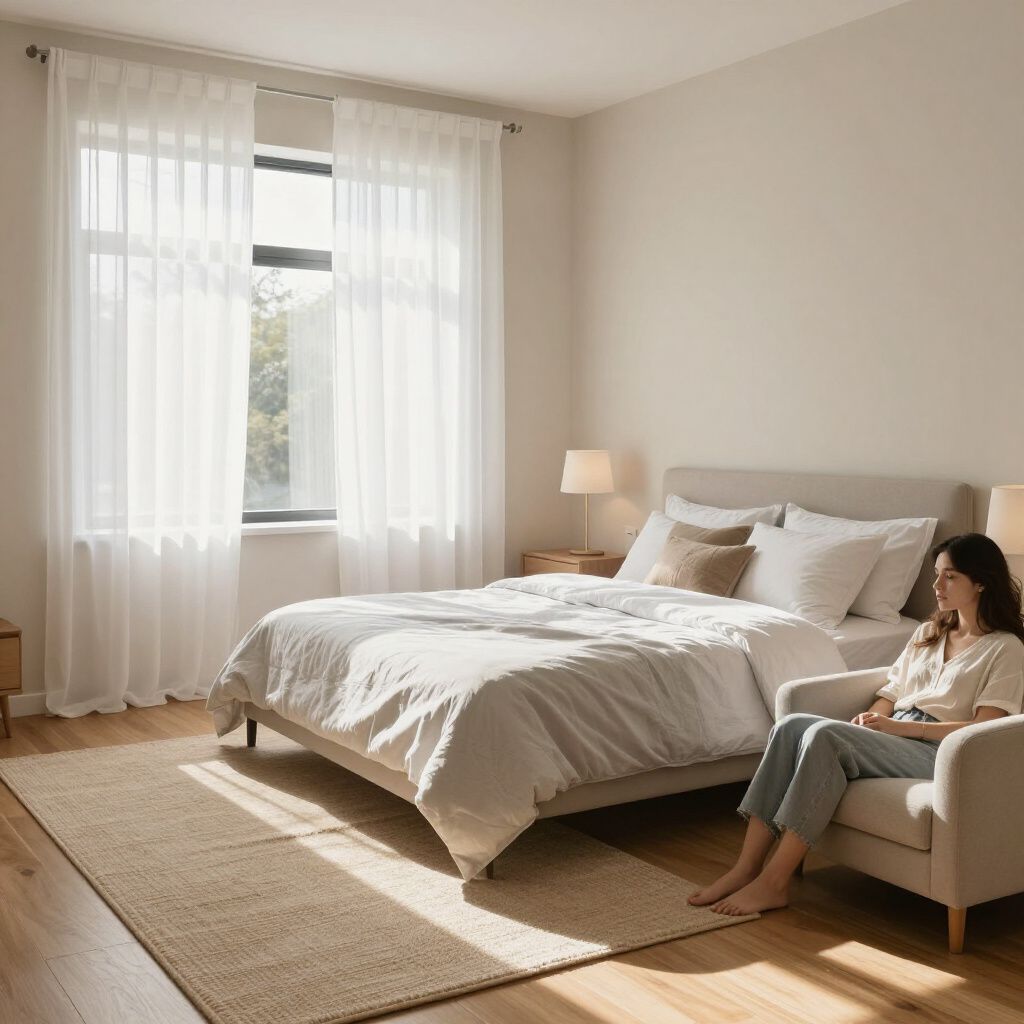 Woman sits in a chair in a bright bedroom, natural light through sheer curtains.