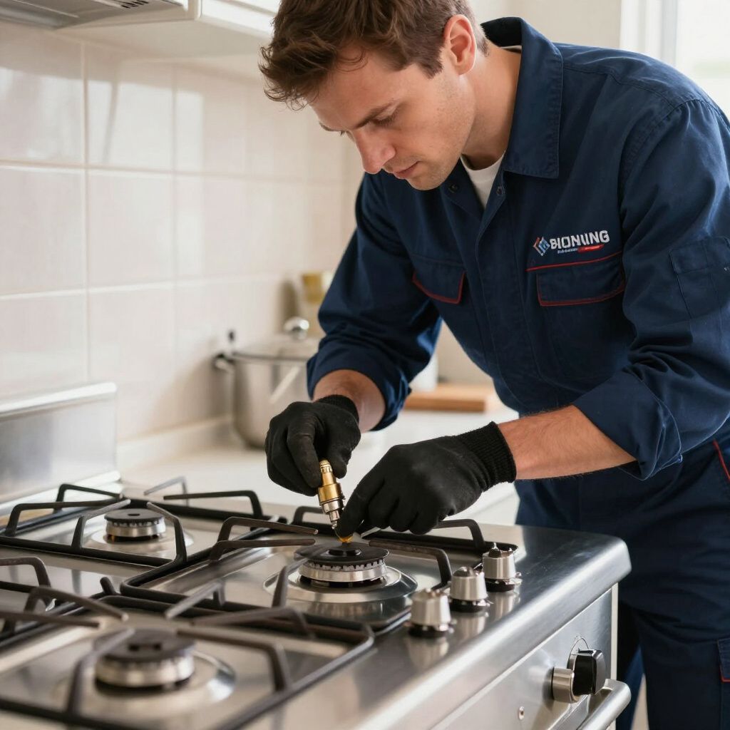 Man in blue coveralls fixing a gas stove burner in a kitchen, wearing black gloves.