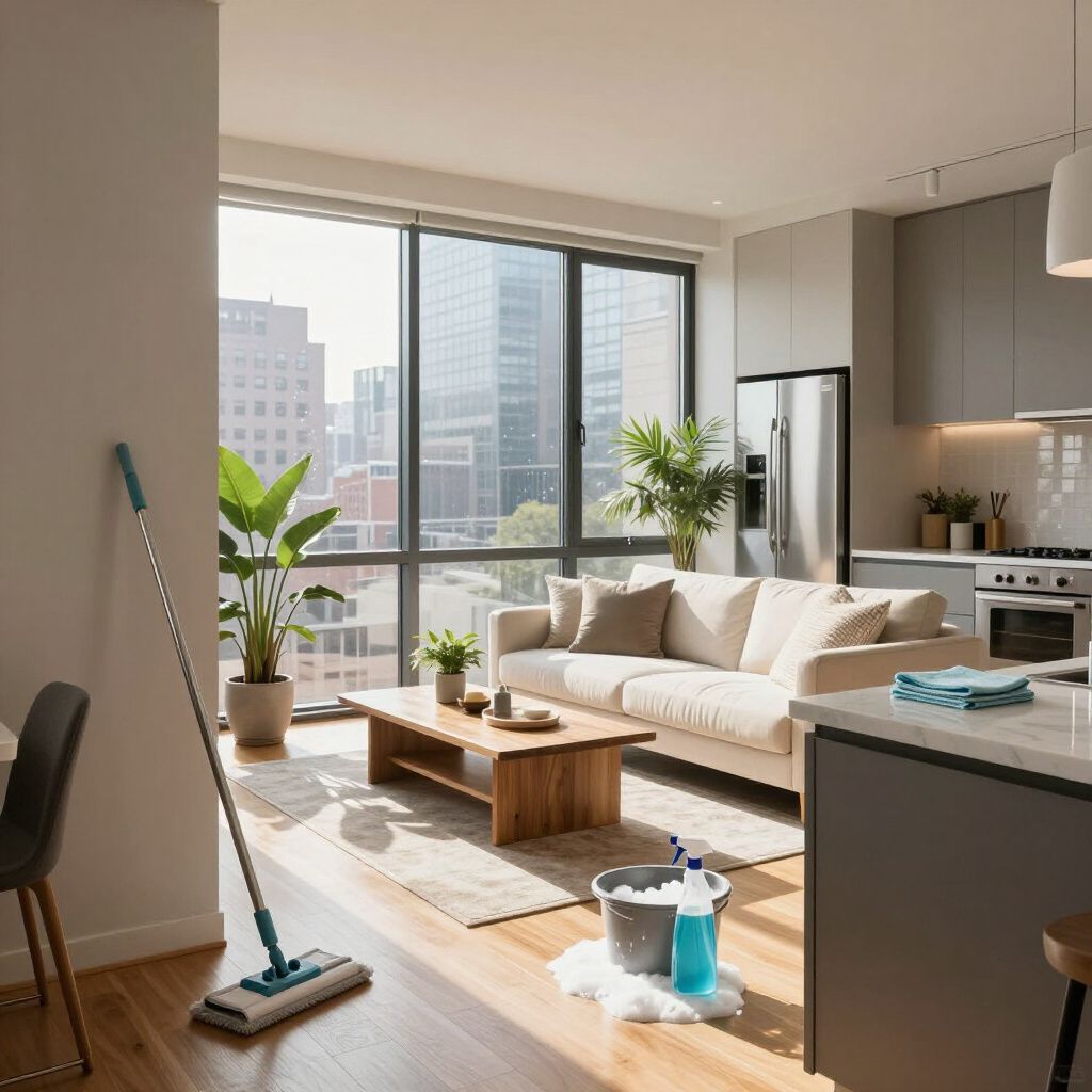 Modern apartment interior being cleaned with a mop and bucket. Includes a sofa, kitchen, and city view.