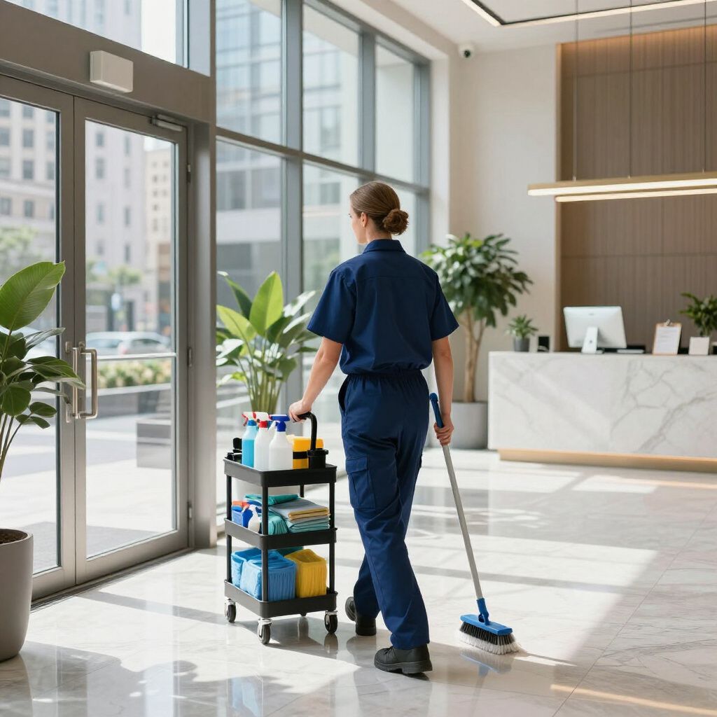 Person in blue uniform cleaning marble floored lobby with cart and mop.