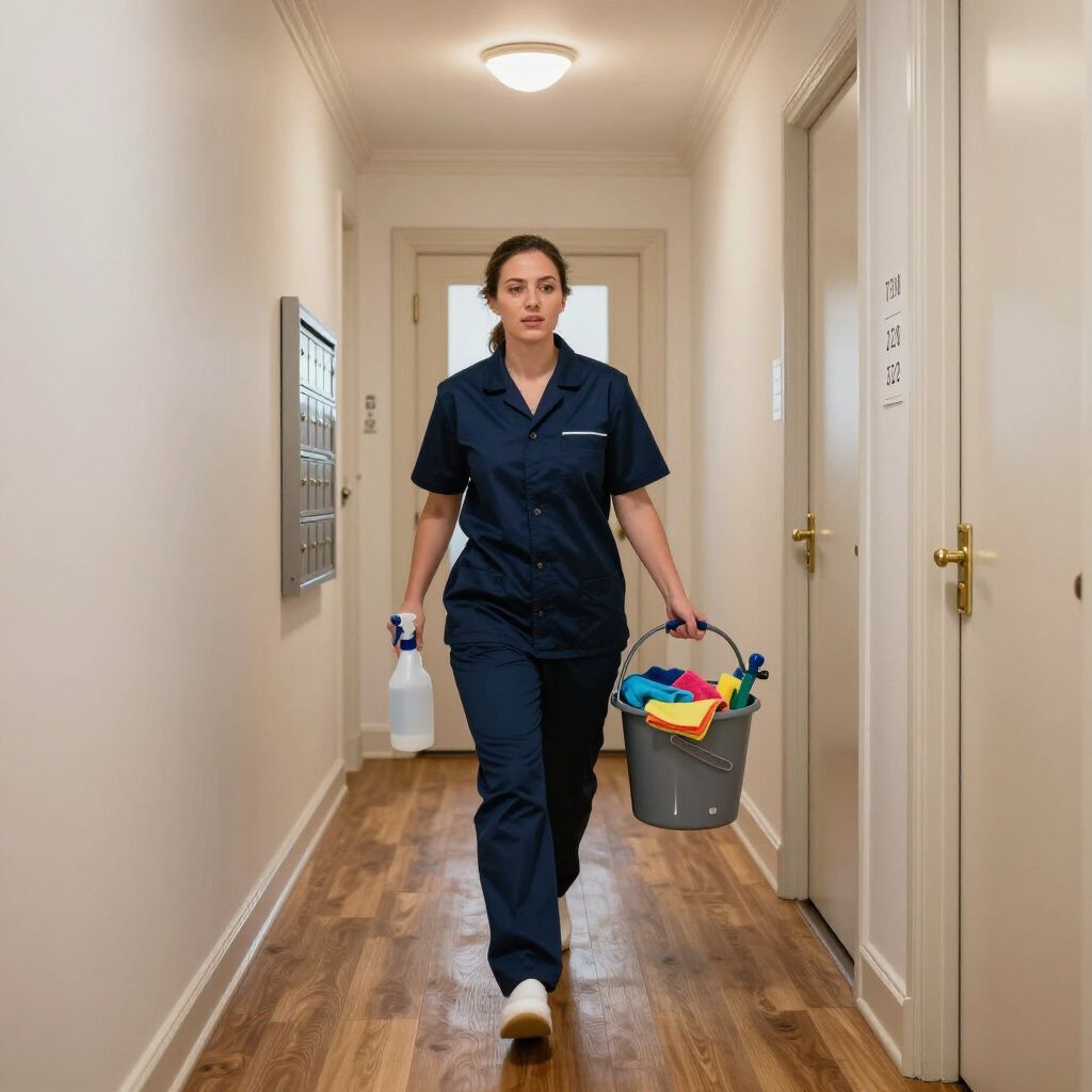 Woman in navy uniform walks down a hallway, carrying cleaning supplies.