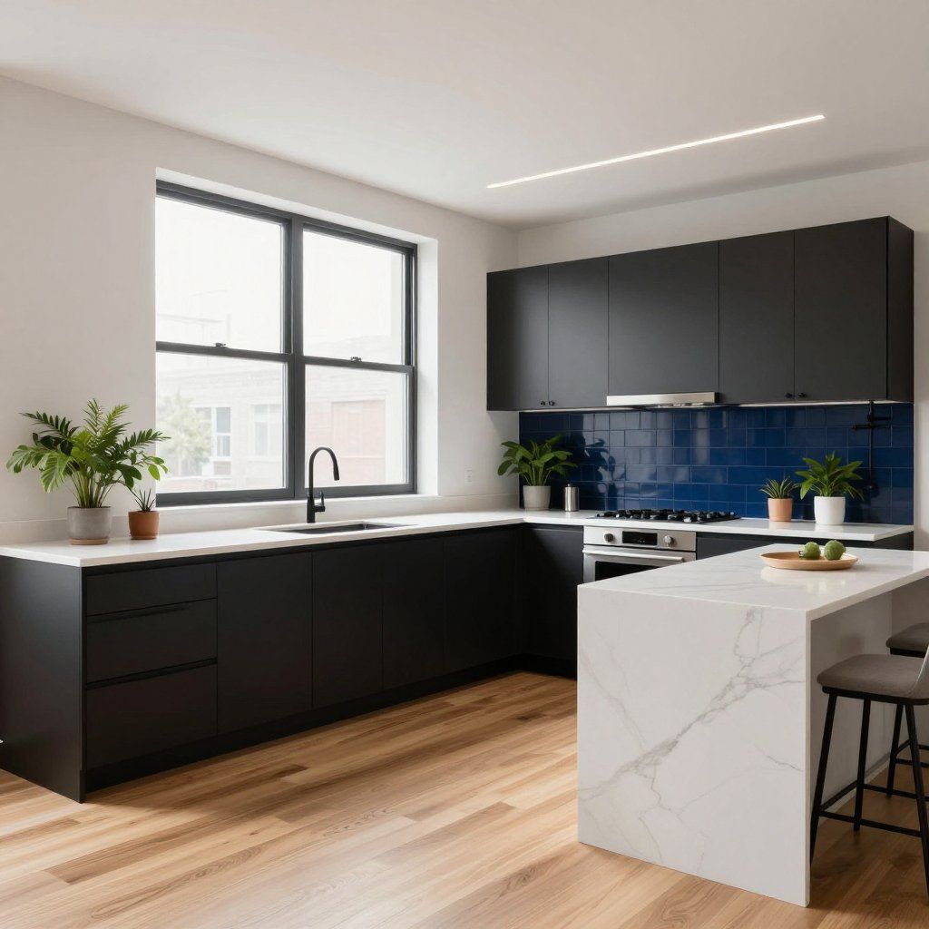 Modern black and white kitchen with blue tile backsplash and a marble island with seating.