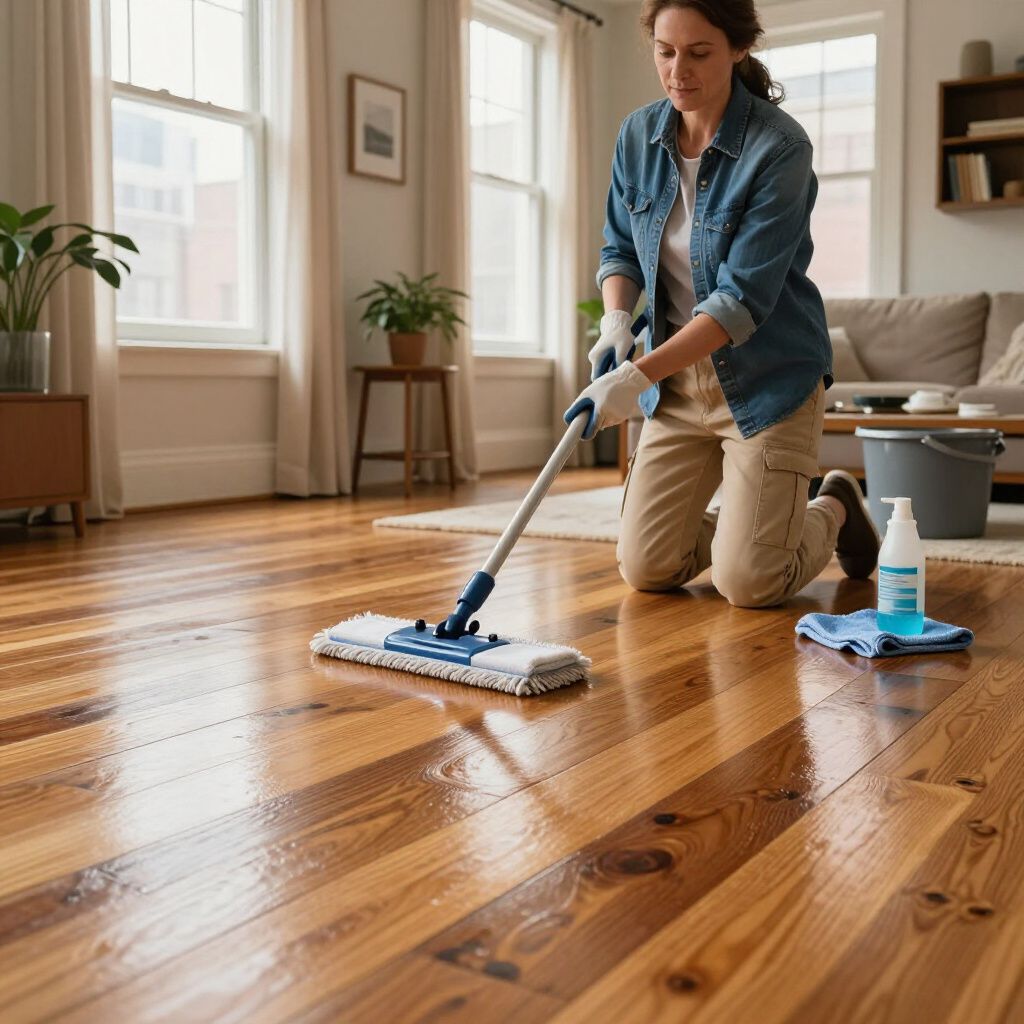 Woman mops a shiny wood floor in a brightly lit living room.