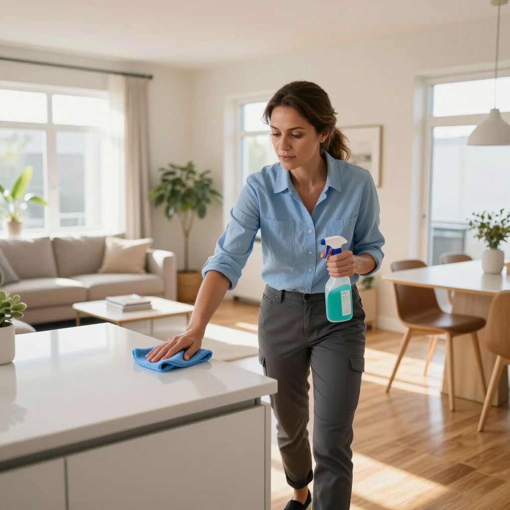 Woman cleaning a white kitchen counter with a blue cloth and spray bottle in a bright dining room.