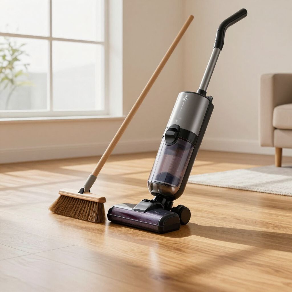 A floor cleaner and broom rest on a wood floor by a window; an off-white sofa in the background.
