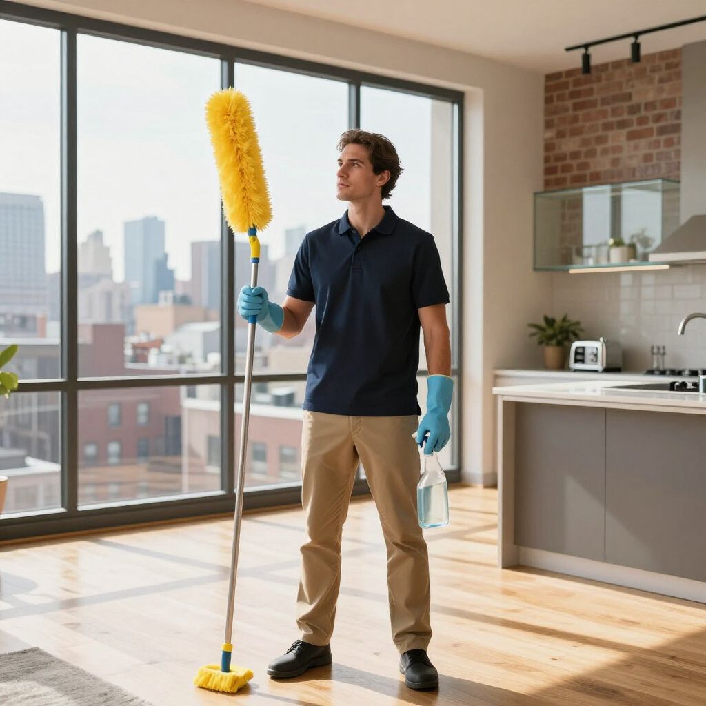 Man dusting with a long-handled duster in a modern apartment with city views, wearing gloves.
