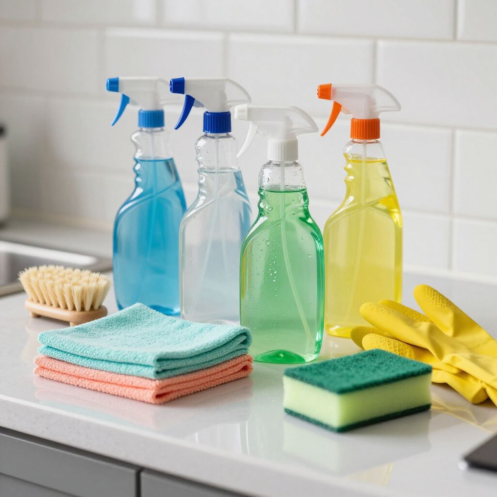Cleaning supplies on a countertop: spray bottles, sponges, cloths, brush, and gloves.