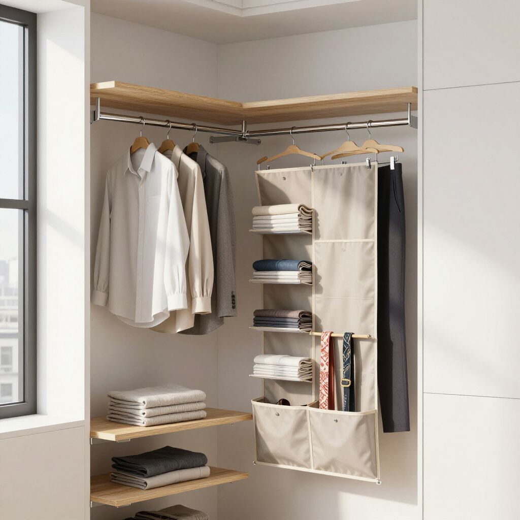 Corner closet with clothes hanging on racks, folded items on shelves, and a hanging organizer.