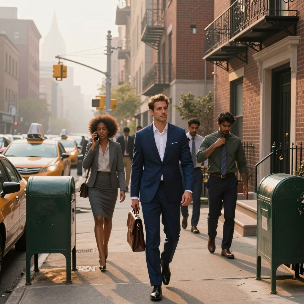 People in business attire walking on a city sidewalk past parked cars and brick buildings.