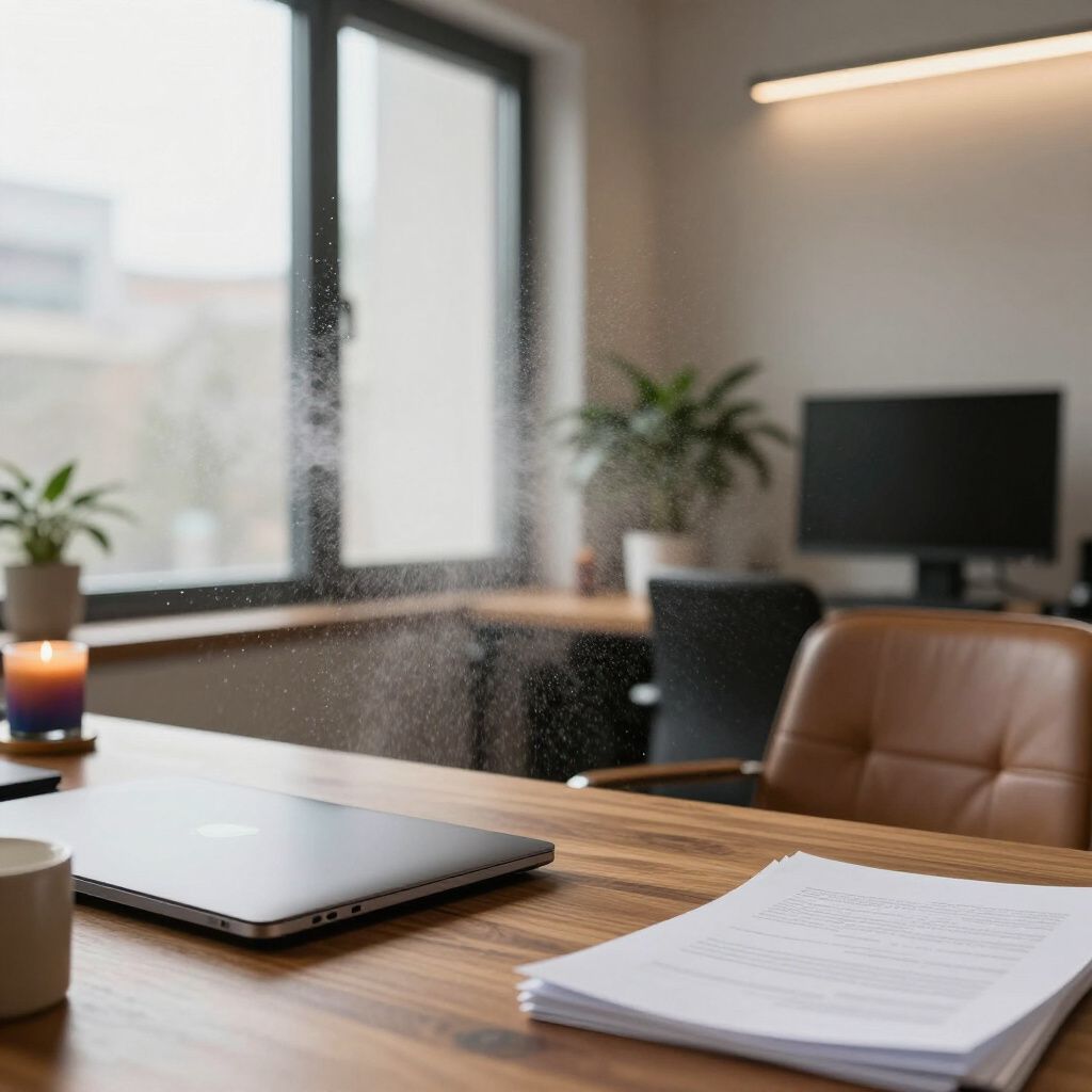 Wooden desk in office with laptop, documents, chair, and window with rain. Plants and computer in background.
