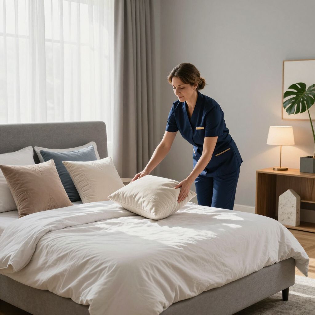Person in blue uniform making a bed in a bright bedroom.