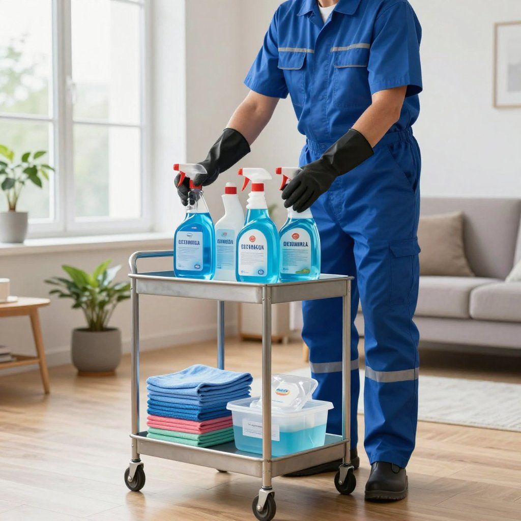 Person in blue jumpsuit, black gloves, using cleaning products from a rolling cart in a living room.