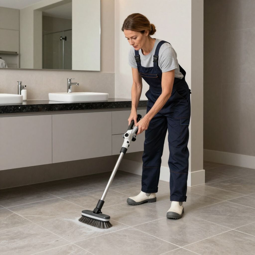 Woman wearing overalls cleaning bathroom floor with a long-handled brush.