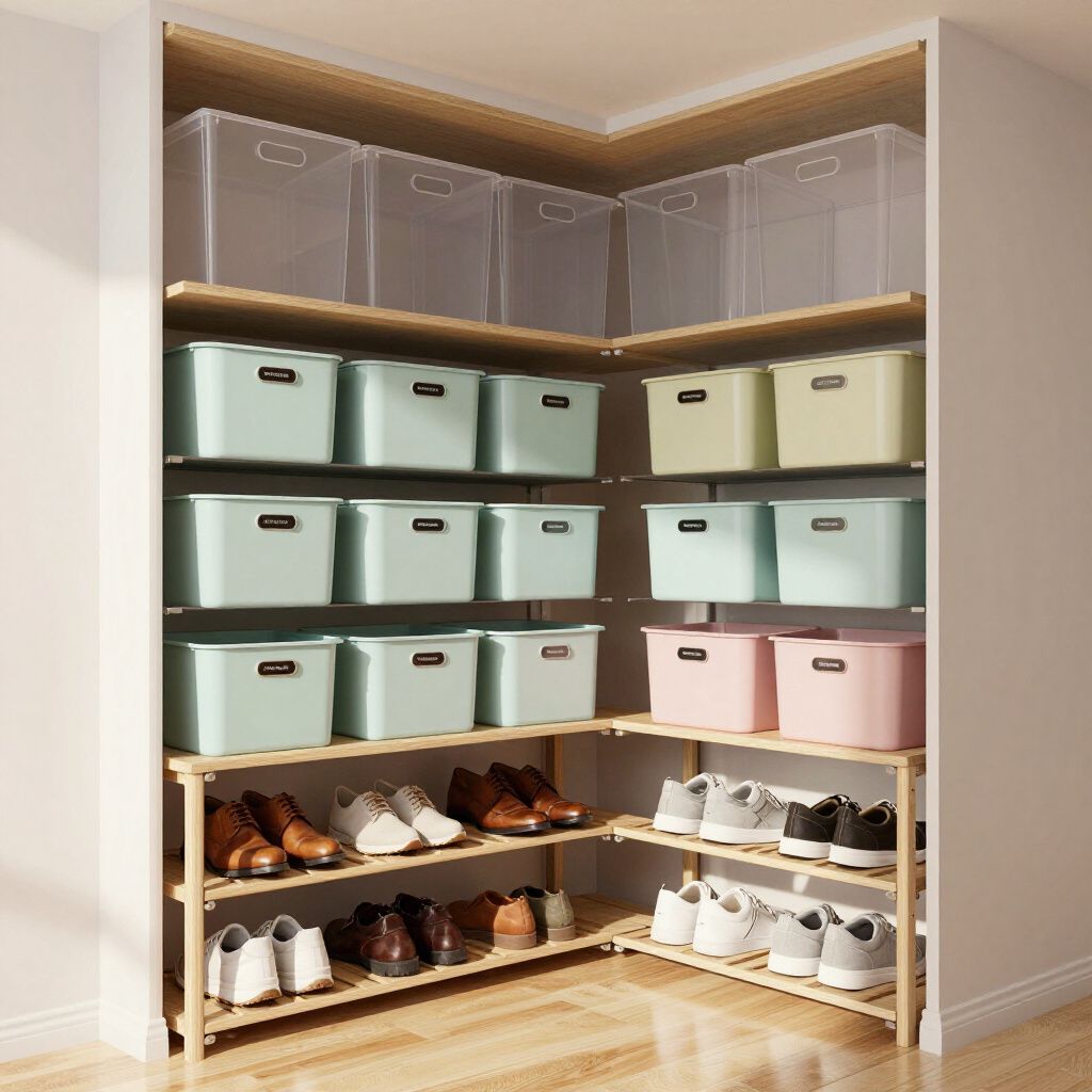 Wooden corner shelving unit with storage bins and shoes.