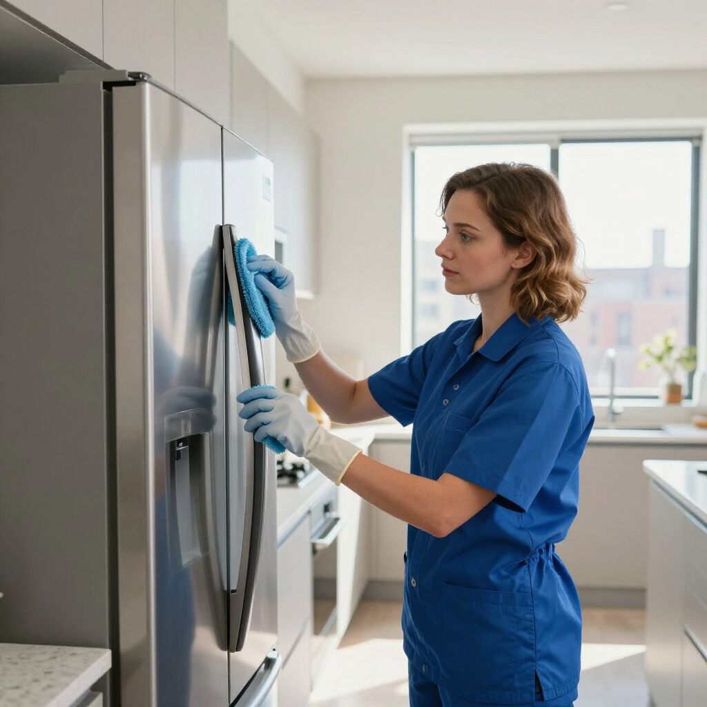 Woman in blue uniform cleaning a stainless steel refrigerator with a blue cleaning tool in a bright kitchen.