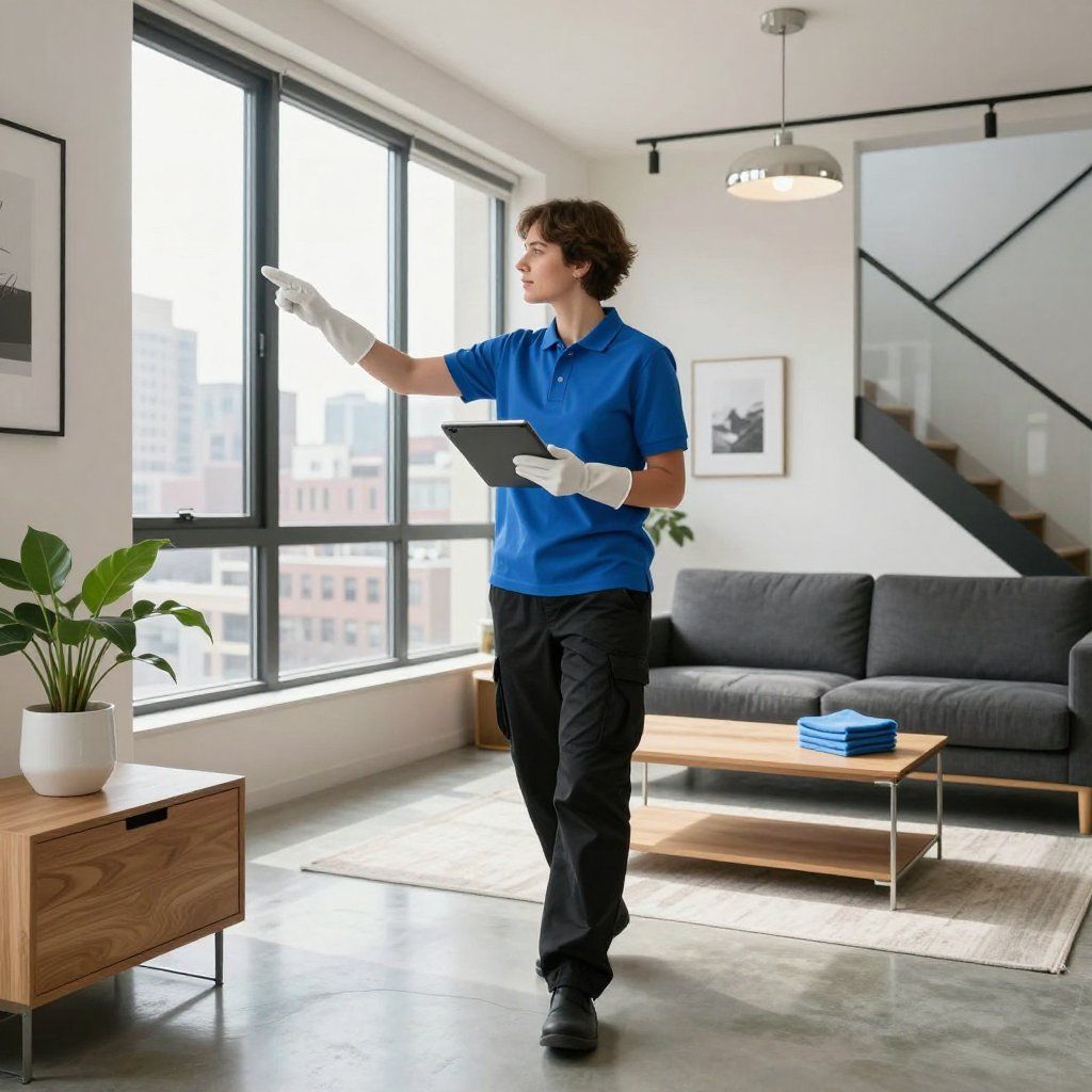 A person in blue uniform checks a window, holding a tablet. Indoor scene with a sofa and a cityscape visible.