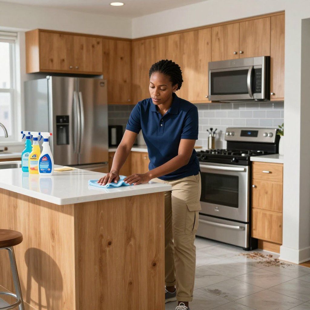 Woman cleaning a kitchen island with a cleaning cloth, multiple cleaning products on counter.