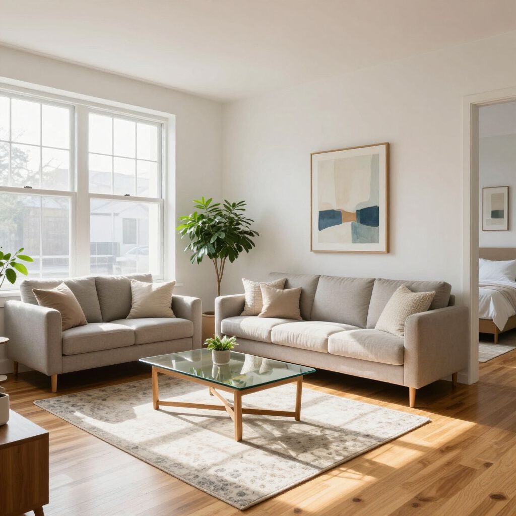 Living room with two gray couches, glass coffee table, and large window. Wooden floor and beige rug.