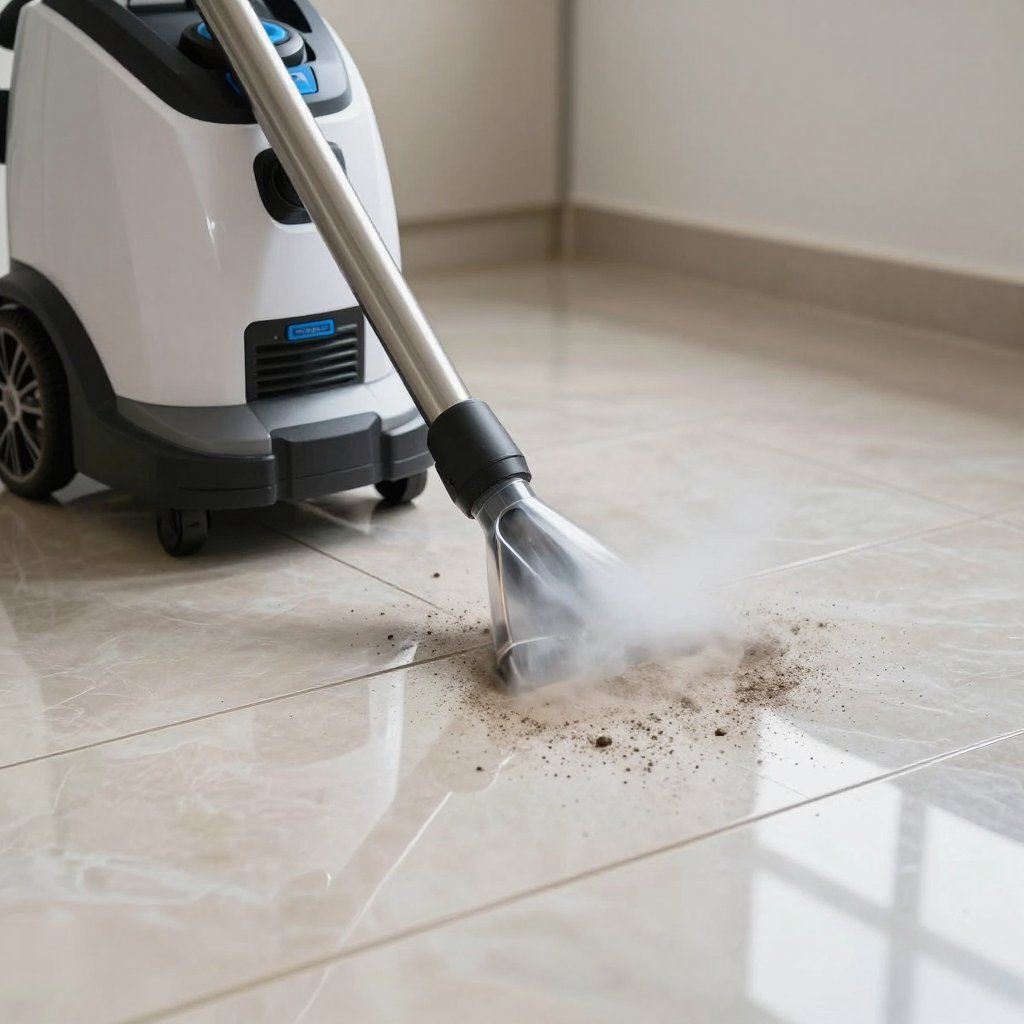 Steam cleaner cleaning a tile floor, removing dirt.