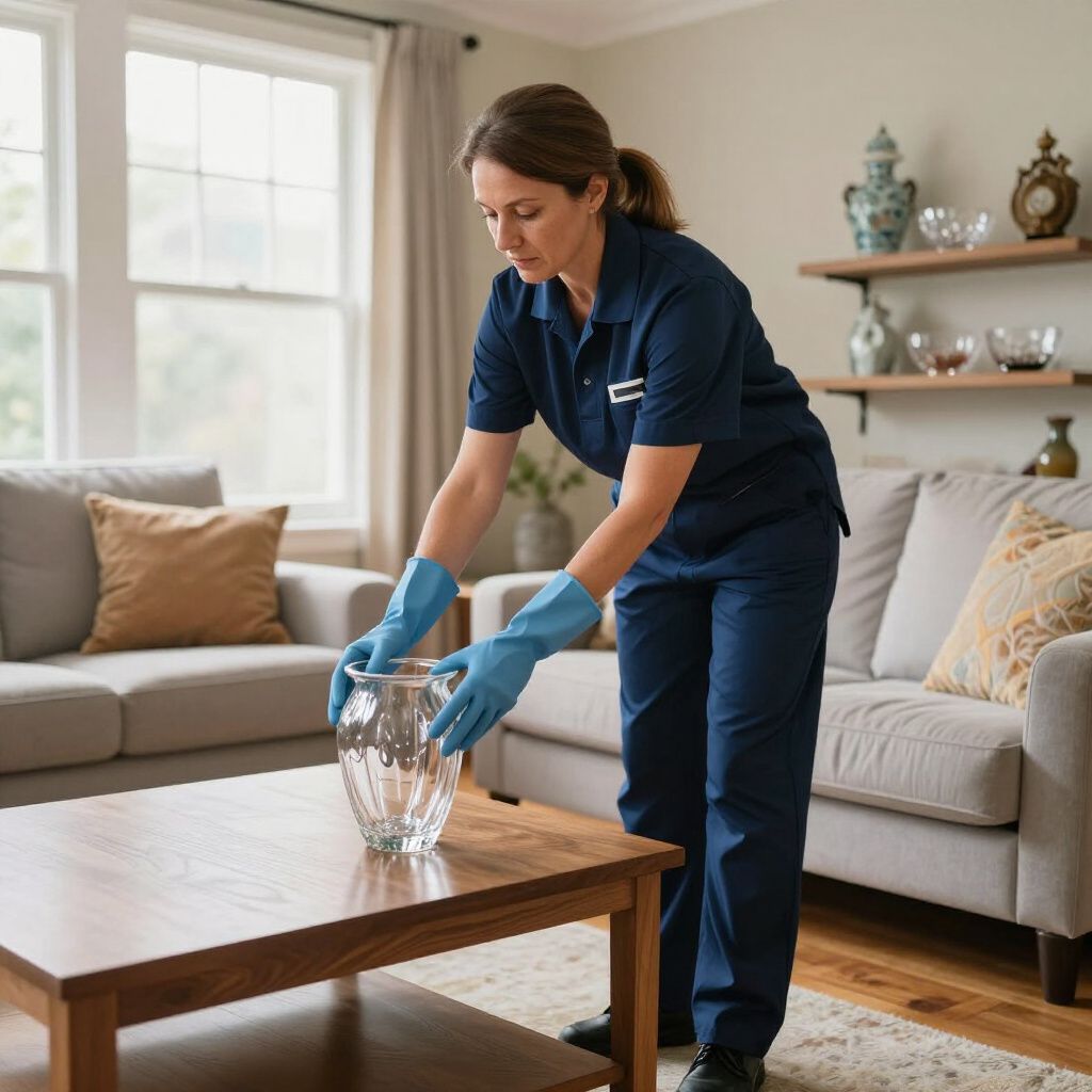 Woman in blue uniform cleans a living room, placing a vase on a coffee table.