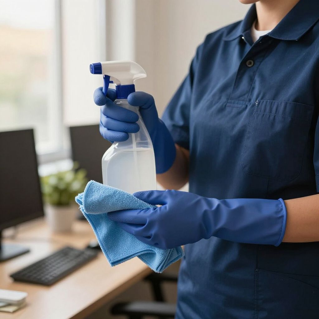 Person wearing blue gloves and uniform, spraying cleaner onto a blue cloth in an office setting.