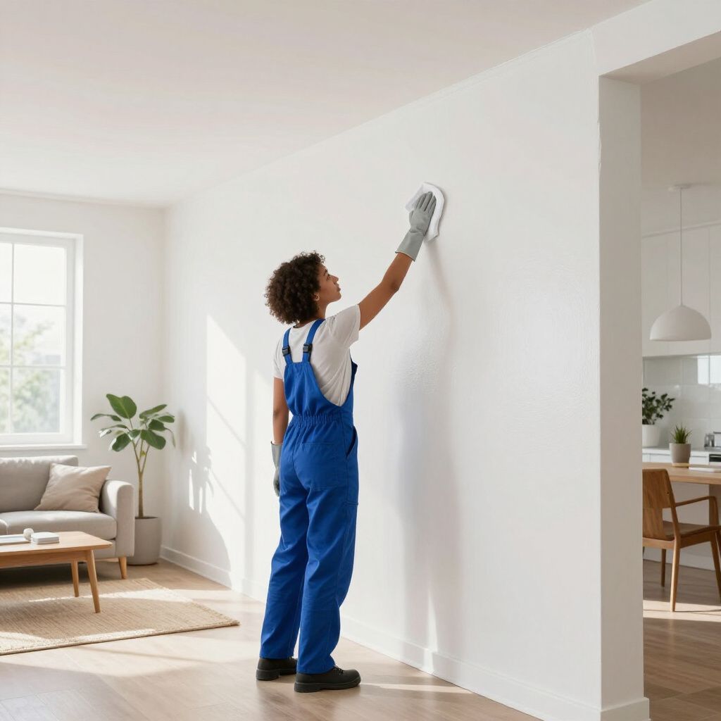 Person in blue overalls cleaning a white wall in a bright, modern living room.