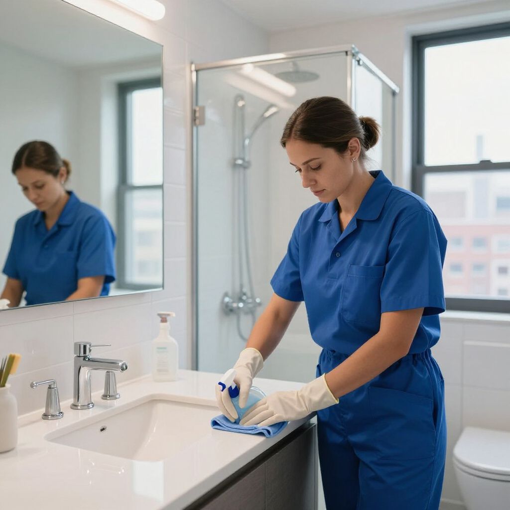 Woman in blue uniform cleaning a bathroom, using spray bottle and cloth.