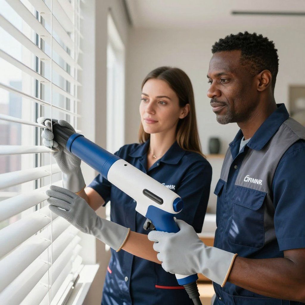 Two people cleaning blinds with a handheld device, indoors, natural light.