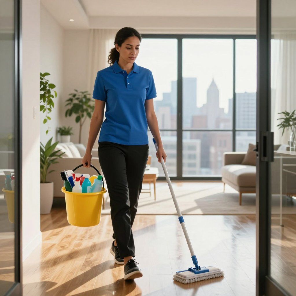 Person in blue shirt and black pants cleans a modern apartment with a mop and bucket of cleaning supplies.