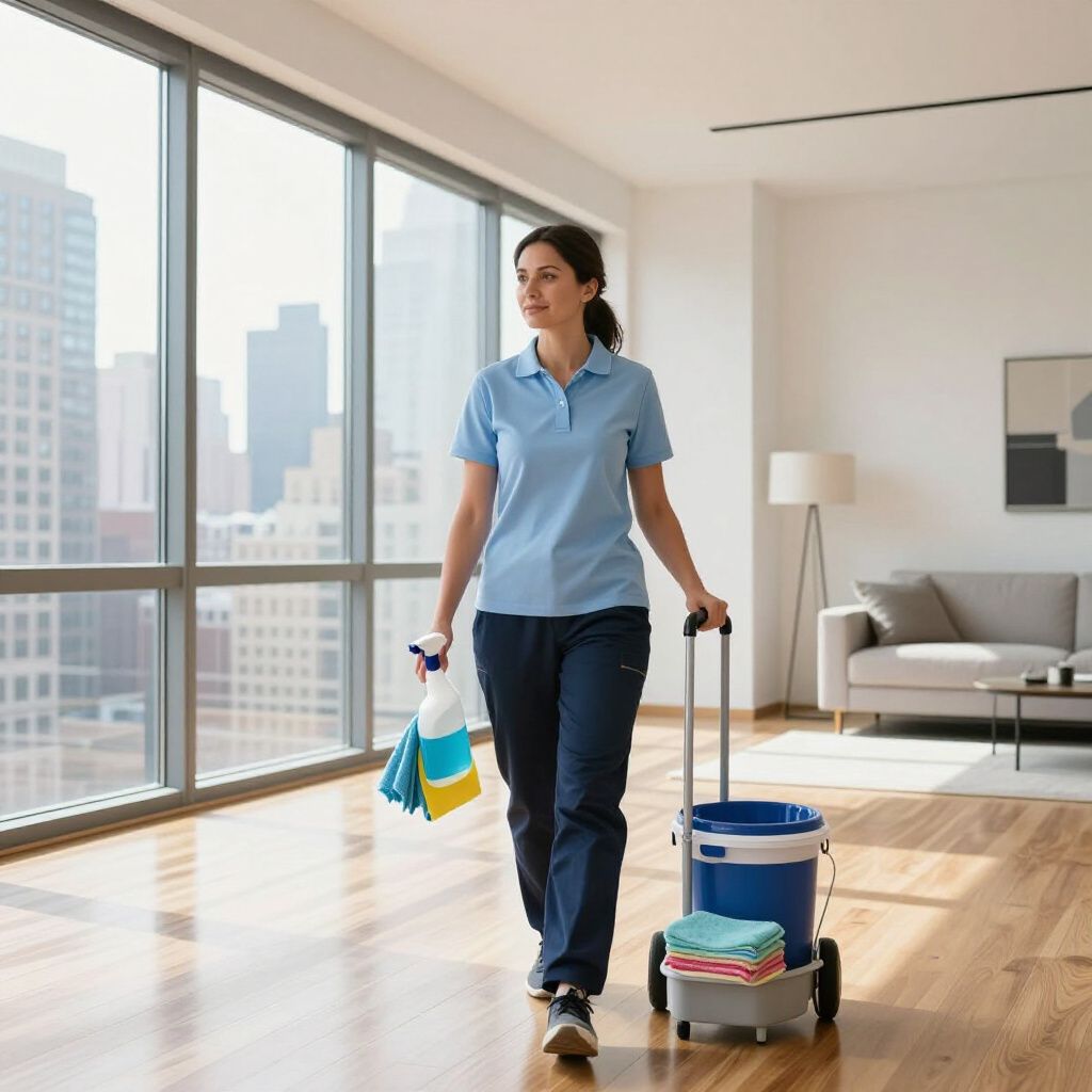 Person in a blue uniform walks in a bright room with cleaning supplies.