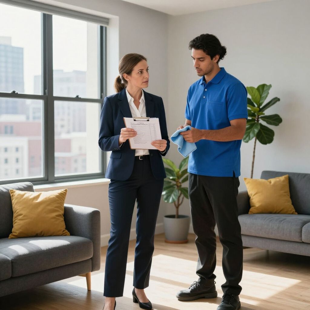 Woman in suit discusses paperwork with man in blue shirt holding a towel in a living room.