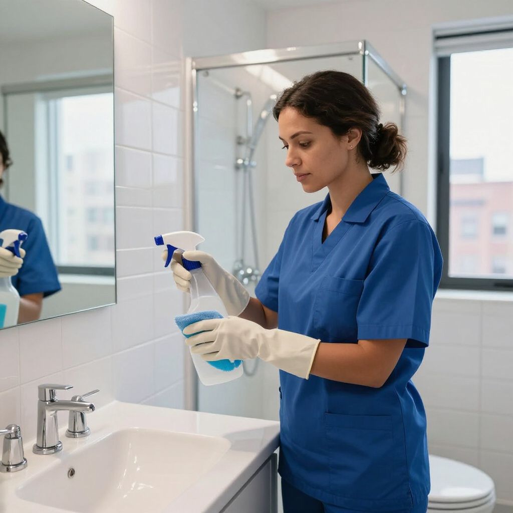 Woman in blue scrubs and gloves spraying cleaner in a bathroom.