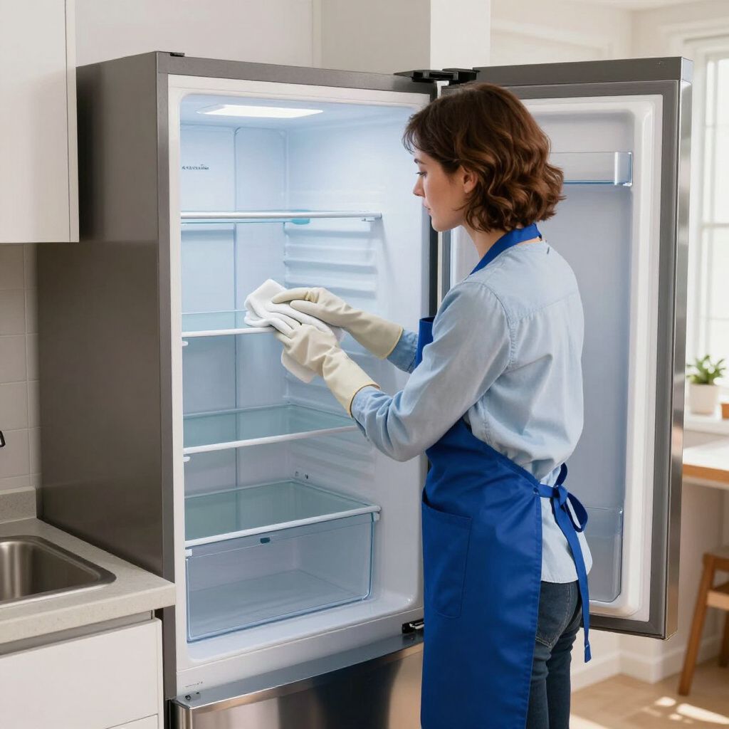 Woman cleaning the inside of a refrigerator with a cloth while wearing gloves and a blue apron.