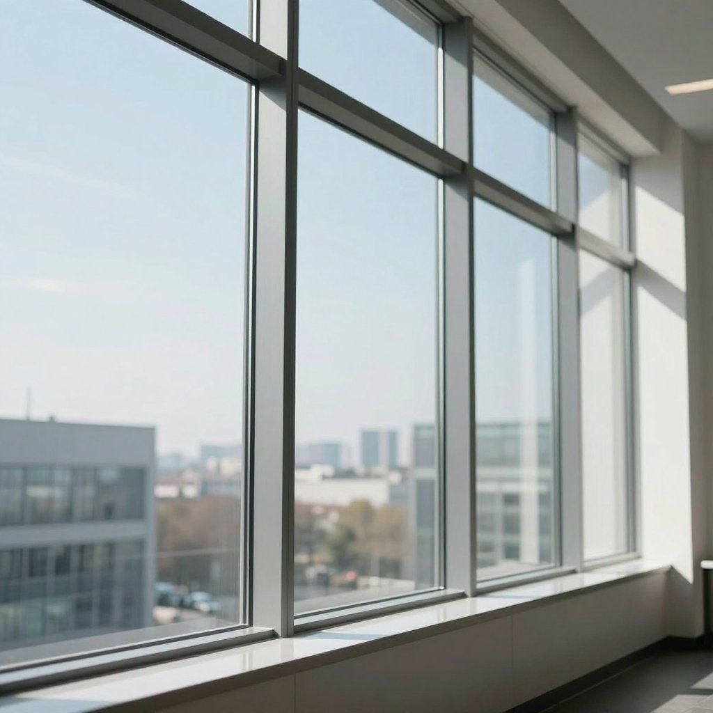 Large window overlooking cityscape with blue sky.