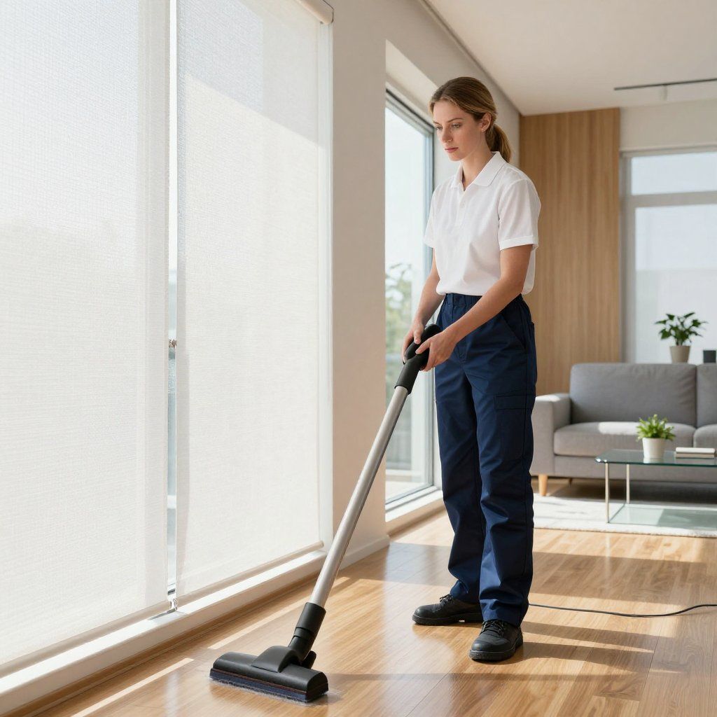 Woman in white polo and blue pants vacuums a wooden floor near a window.