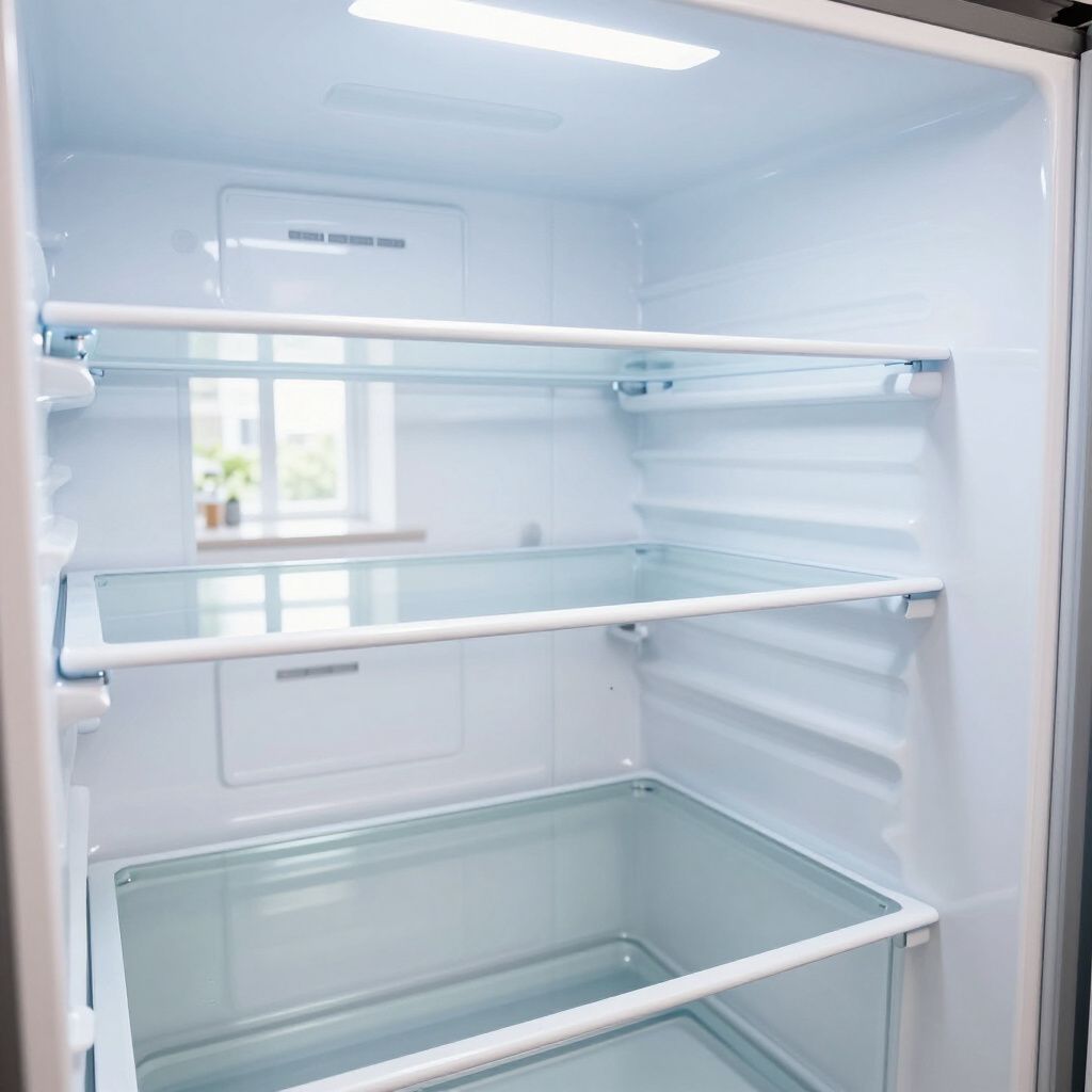 Empty refrigerator interior with glass shelves and a light.