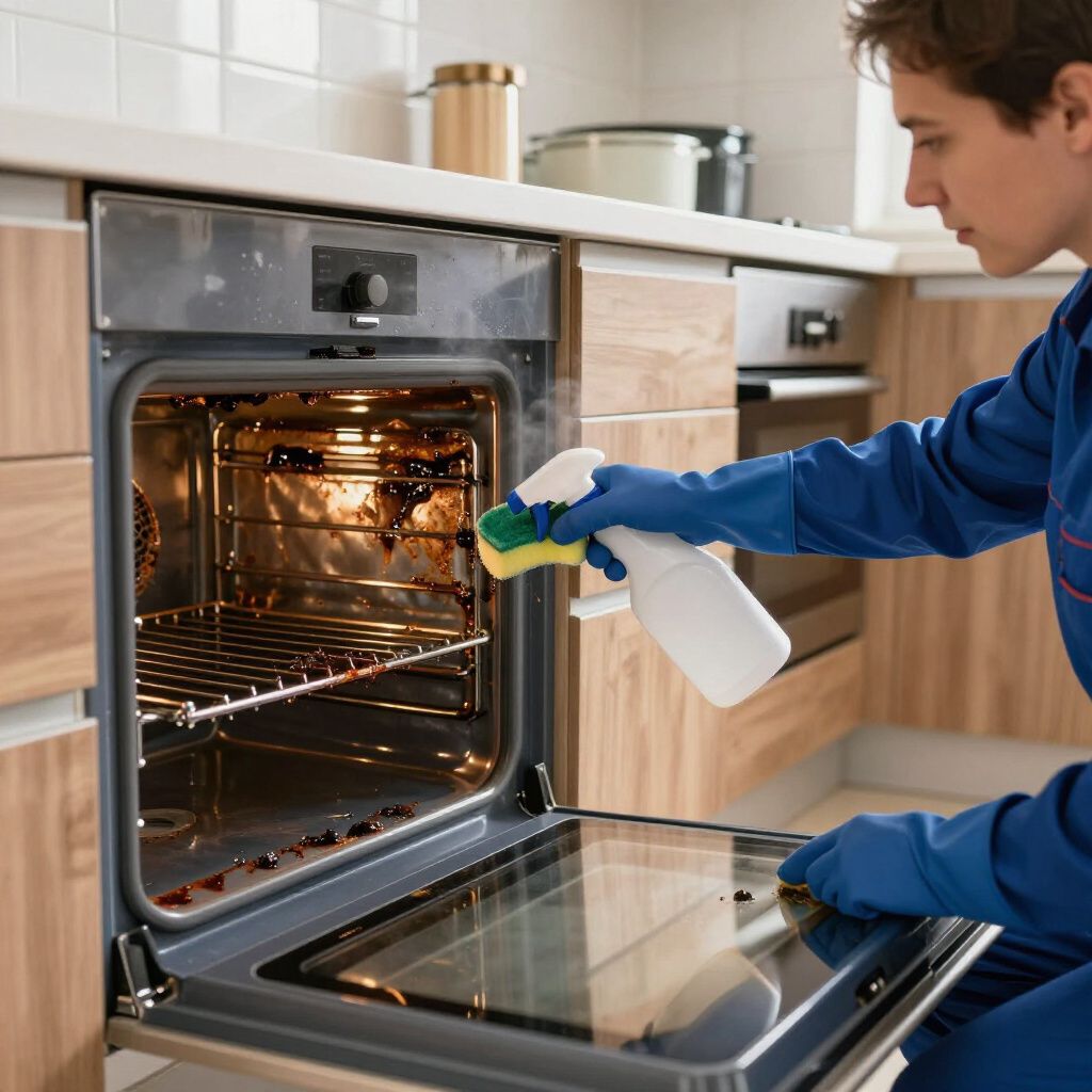 Person in blue cleaning an oven with spray bottle and sponge in a kitchen.