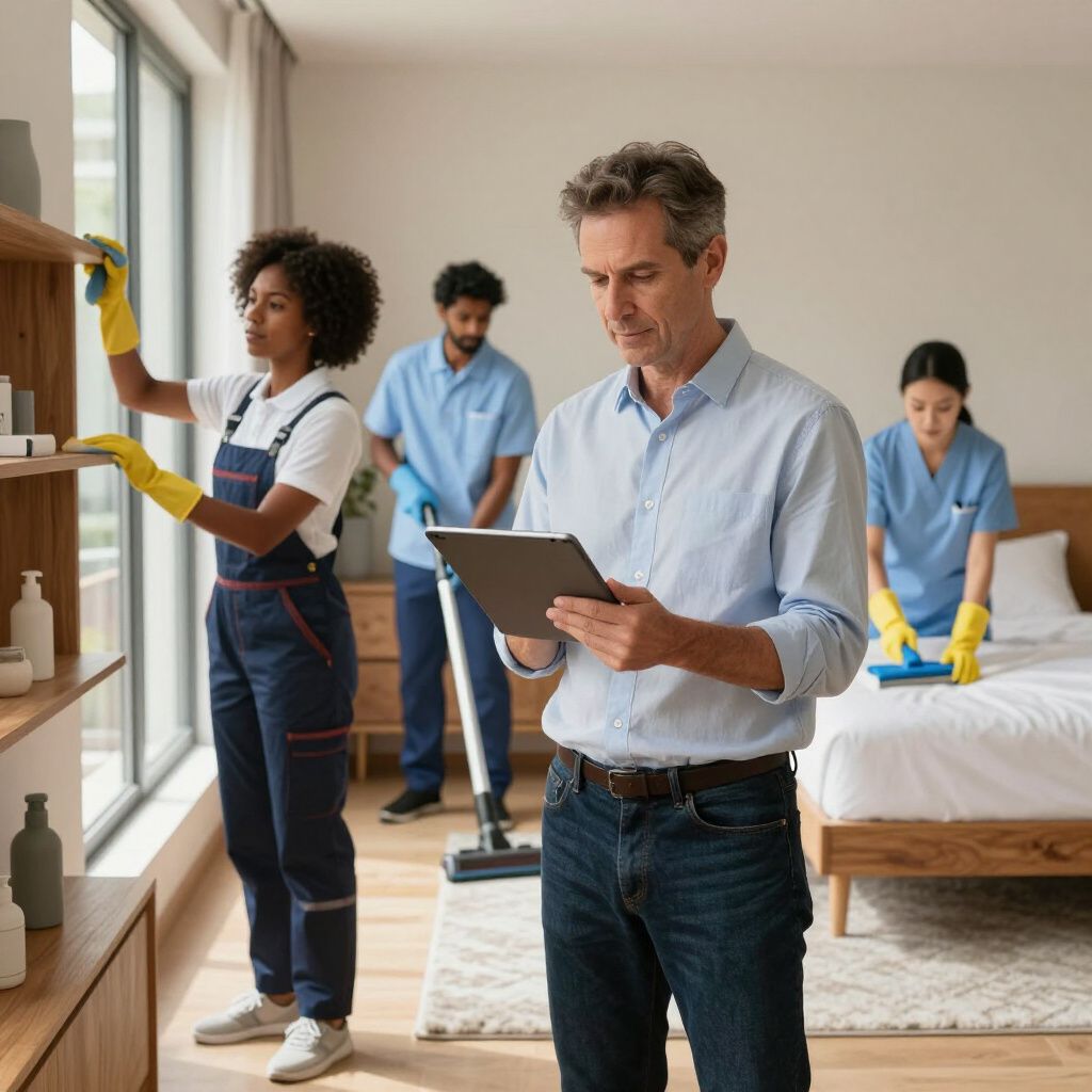 A cleaning crew tidies a room. A supervisor with a tablet watches the staff.