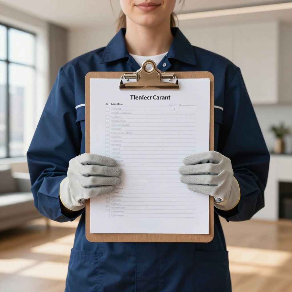 Woman in blue uniform and gloves holds a clipboard with a checklist in a light-filled room.