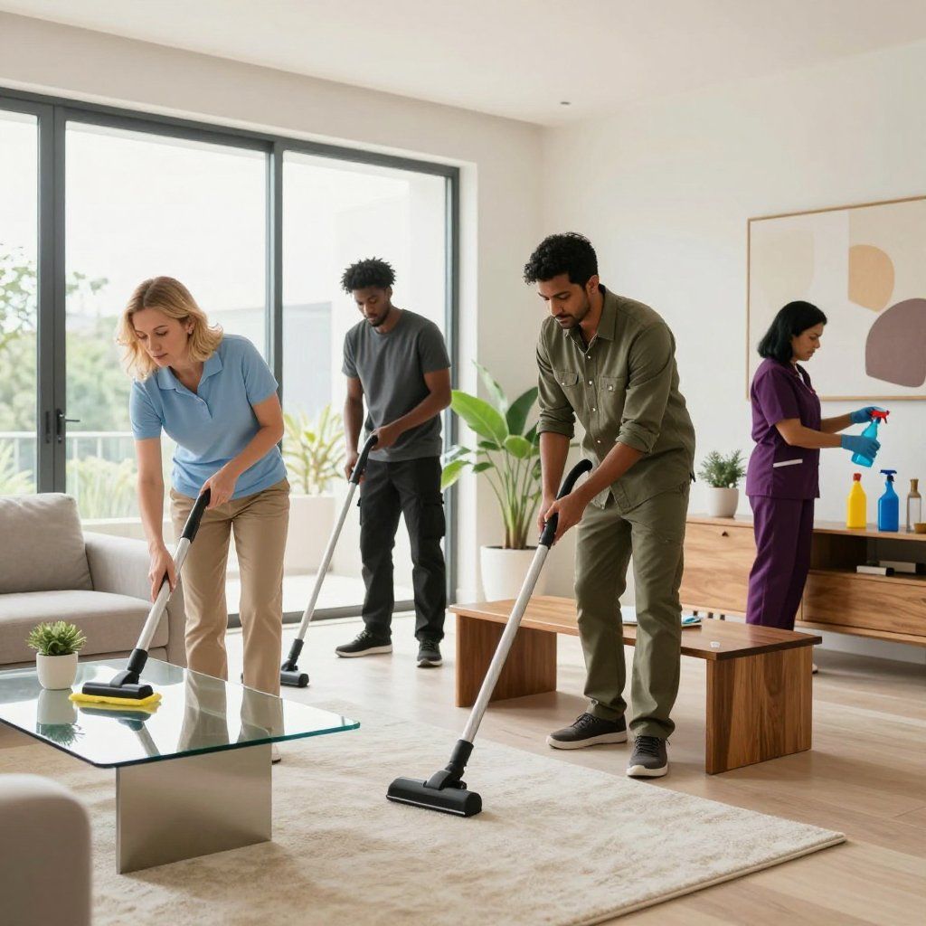 Four people cleaning a living room with vacuums and spray bottles.