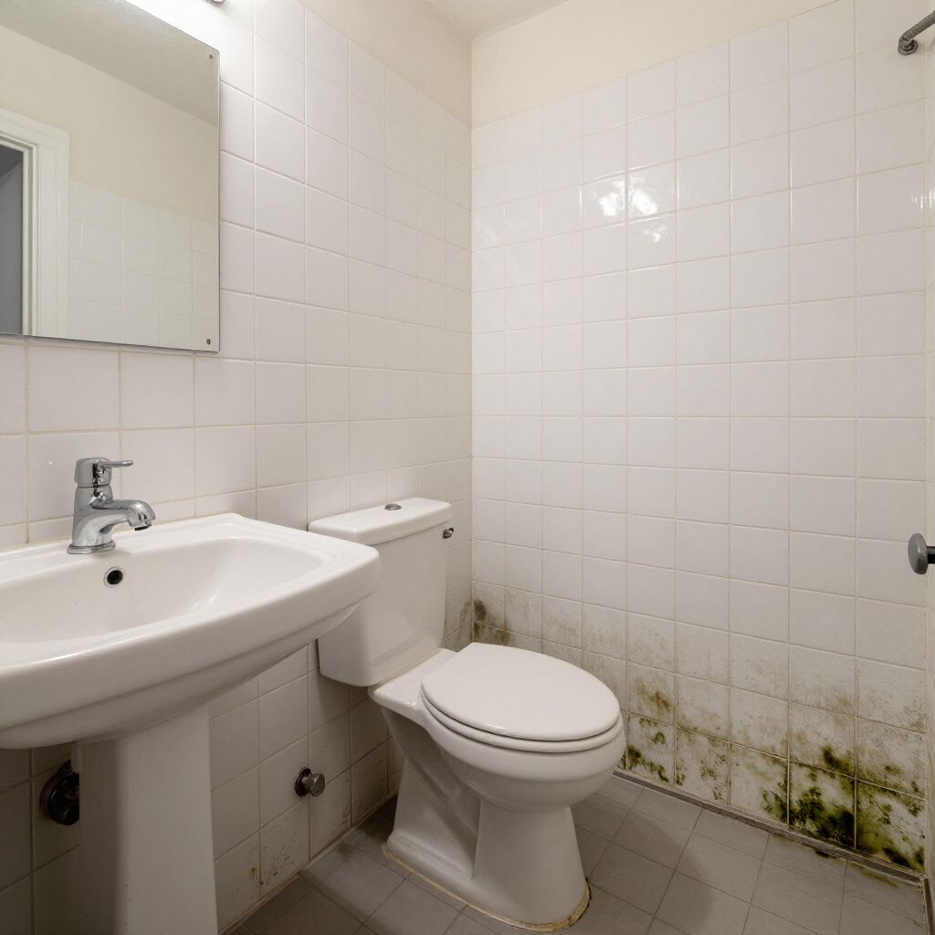 White bathroom with sink, toilet, and moldy wall tiles.