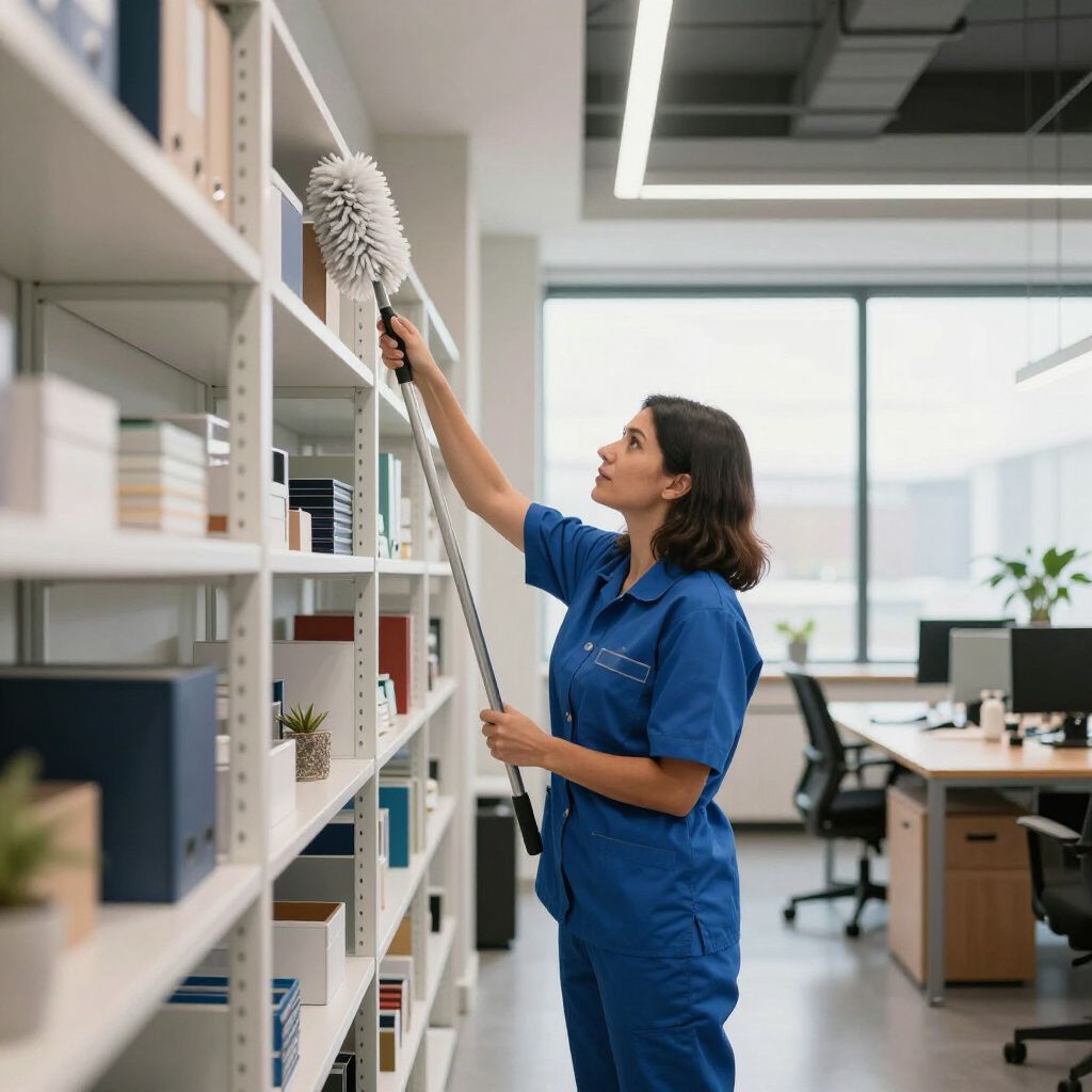 A person in a blue jumpsuit dusting a bookshelf in an office.