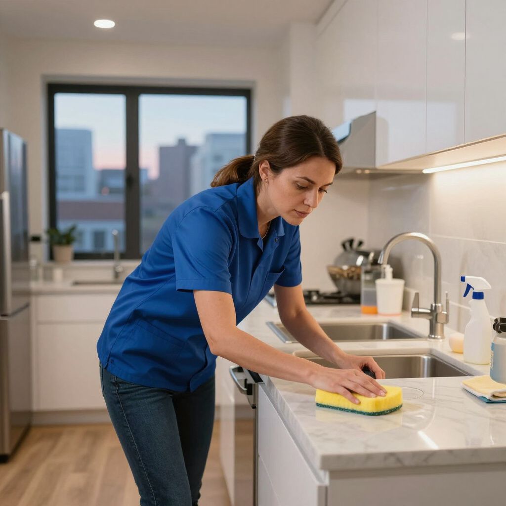 Woman in blue cleaning kitchen countertop with a sponge near the sink.
