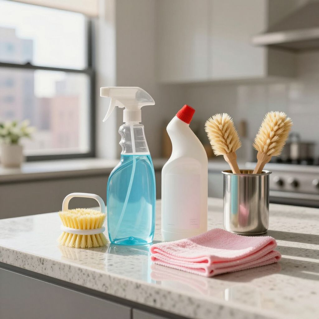 Cleaning supplies on a kitchen counter: spray bottle, cleaner bottle, scrub brushes, cloth.