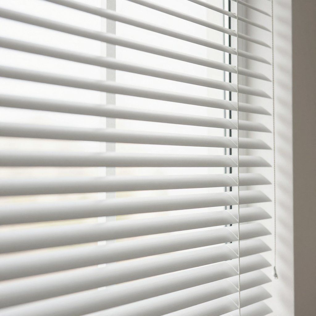 White venetian blinds partially open, casting shadows.