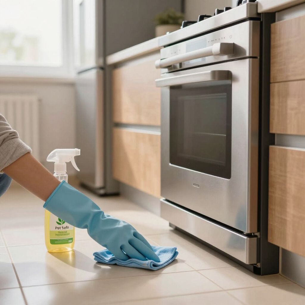 Person wearing blue glove wipes kitchen floor near a stainless steel oven. A spray bottle sits nearby.
