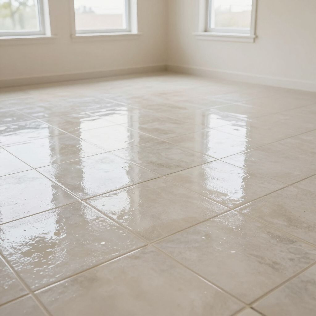 Shiny beige tiled floor reflecting light, in an empty room with three windows.