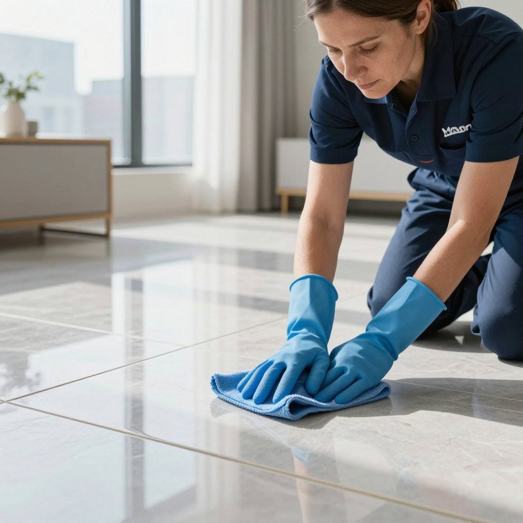 Woman on her knees cleaning a shiny floor with a blue cloth and gloves. Modern interior setting.