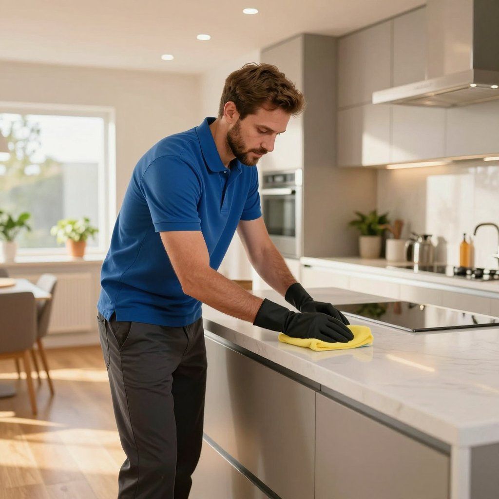 Man cleaning a kitchen counter with a yellow cloth and black gloves.
